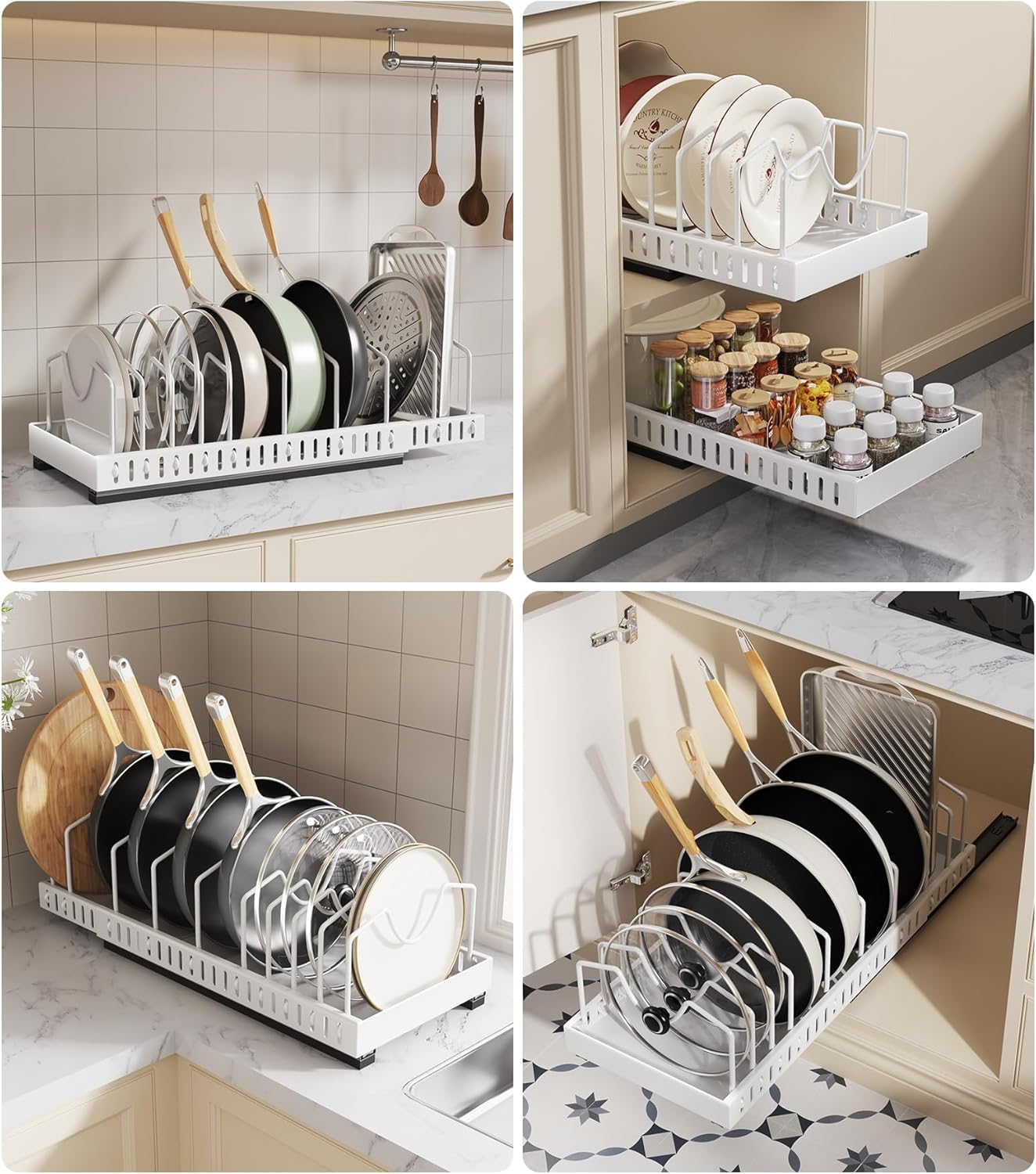 Lozovin Pull Out Pots and Pans Organizer Under Cabinet, Sliding Lid Holder and Pan Rack in Kitchen, Slide Out Inside Cabinet Storage for Pot Lid, Bakeware, Dishes, 8 Adjustable Dividers, 2 Pack Black