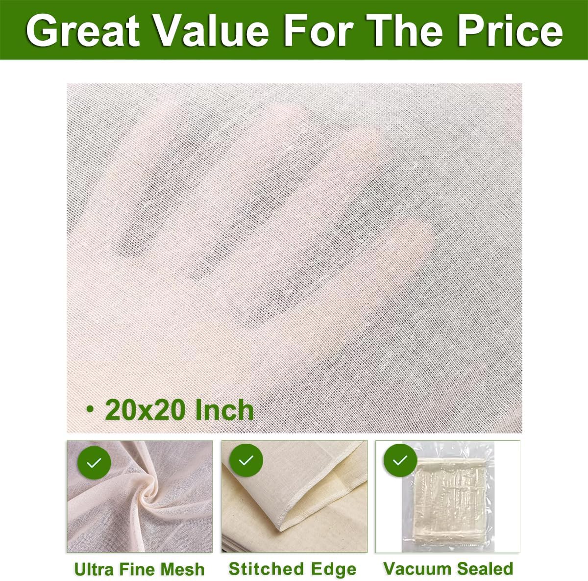 Cheese Cloths, 20x20 Inch, 100% Unbleached Cotton, Grade 100 Reusable Cheese Cloth With Fabric Fine Mesh Cloth, Reusable Muslin Cheesecloth for Straining, Juicing, Cooking, Baking