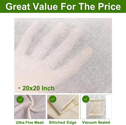 Cheese Cloths, 20x20 Inch, 100% Unbleached Cotton, Grade 100 Reusable Cheese Cloth With Fabric Fine Mesh Cloth, Reusable Muslin Cheesecloth for Straining, Juicing, Cooking, Baking