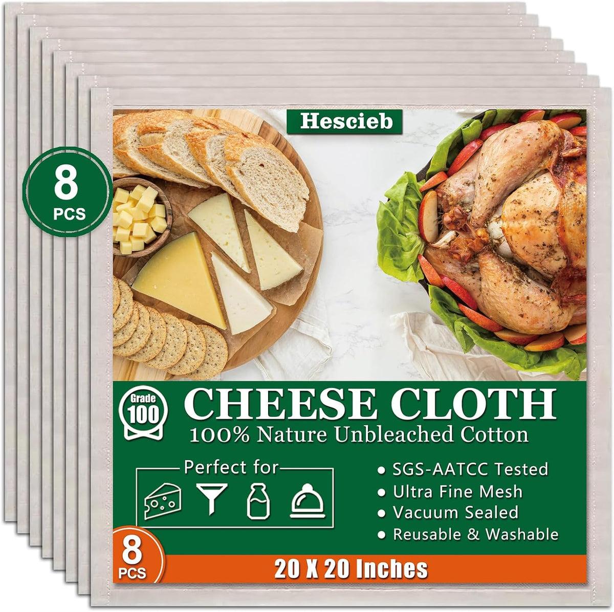Cheese Cloths, 20x20 Inch, 100% Unbleached Cotton, Grade 100 Reusable Cheese Cloth With Fabric Fine Mesh Cloth, Reusable Muslin Cheesecloth for Straining, Juicing, Cooking, Baking