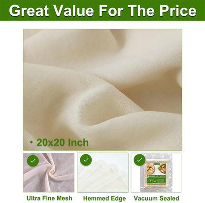 Cheese Cloths, 20x20 Inch, 100% Unbleached Cotton, Grade 100 Reusable Cheese Cloth With Fabric Fine Mesh Cloth, Reusable Muslin Cheesecloth for Straining, Juicing, Cooking, Baking