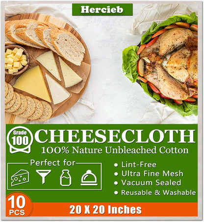 Cheese Cloths, 20x20 Inch, 100% Unbleached Cotton, Grade 100 Reusable Cheese Cloth With Fabric Fine Mesh Cloth, Reusable Muslin Cheesecloth for Straining, Juicing, Cooking, Baking