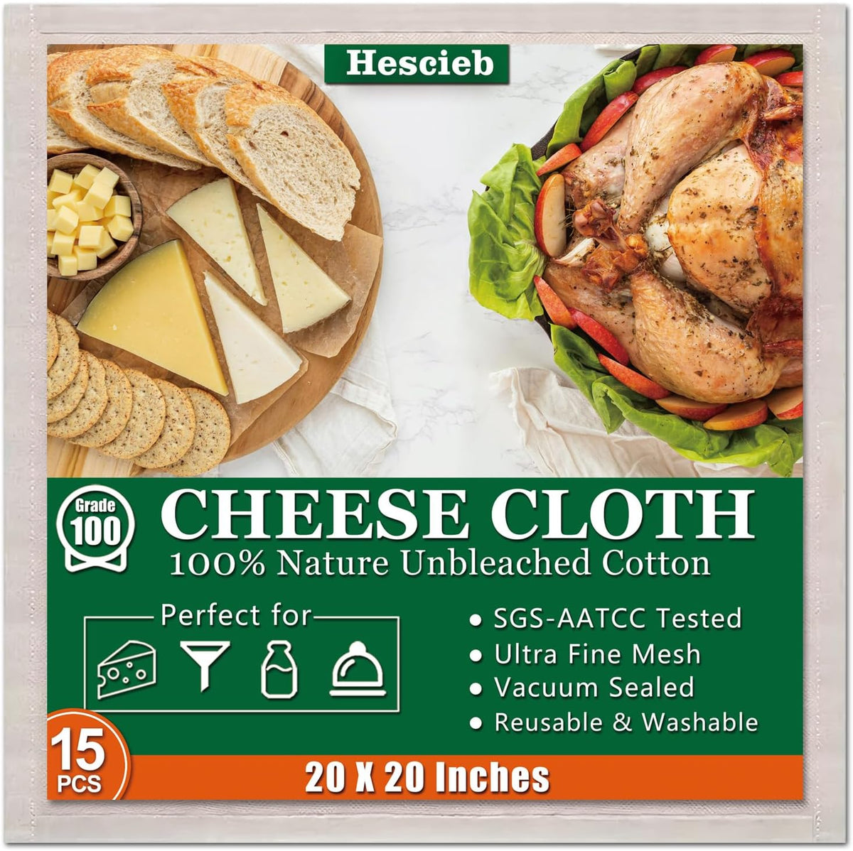 Cheese Cloths, 20x20 Inch, 100% Unbleached Cotton, Grade 100 Reusable Cheese Cloth With Fabric Fine Mesh Cloth, Reusable Muslin Cheesecloth for Straining, Juicing, Cooking, Baking
