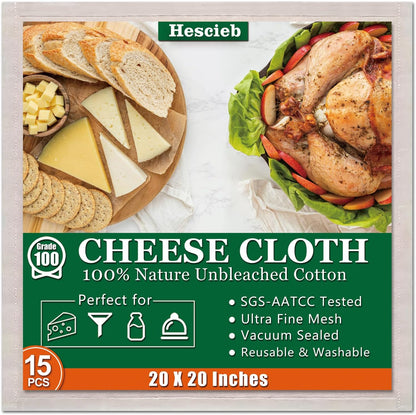 Cheese Cloths, 20x20 Inch, 100% Unbleached Cotton, Grade 100 Reusable Cheese Cloth With Fabric Fine Mesh Cloth, Reusable Muslin Cheesecloth for Straining, Juicing, Cooking, Baking