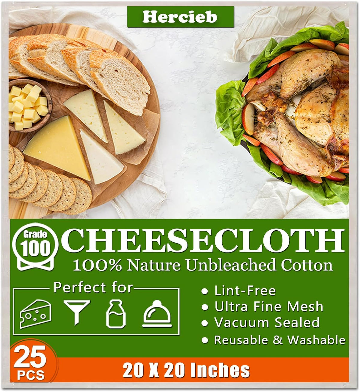 Cheese Cloths, 20x20 Inch, 100% Unbleached Cotton, Grade 100 Reusable Cheese Cloth With Fabric Fine Mesh Cloth, Reusable Muslin Cheesecloth for Straining, Juicing, Cooking, Baking