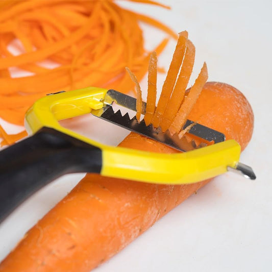 Julienne Y Peeler, Yellow, Kitchen Accessories | Yellow julienne Y-peeler creates vegetable strips for food prep; verify blade handling, cleaning method and intended use.