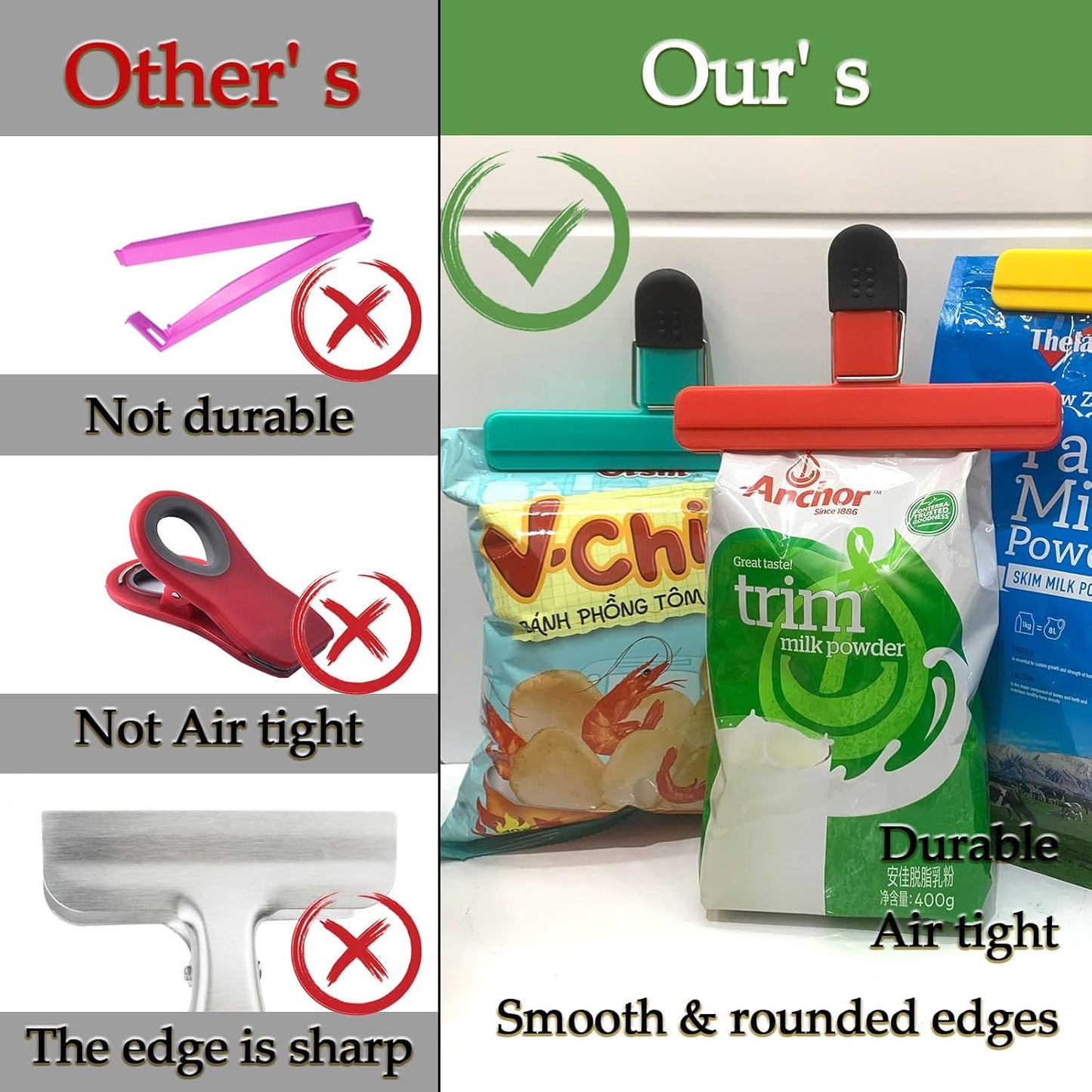 11 Pack Chip Clips Food Bag Clips for Food Packages Chips Storage Bags Heavy Duty Snack Kitchen Potato (3 Large, 6 Small & 2 Round, Bright Style)