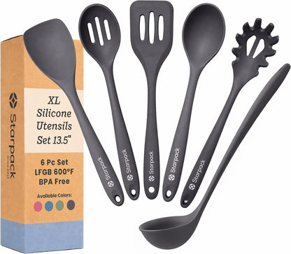 Starpack Like a Boss XL Silicone Cooking Utensils Set (6-Piece, 13.5") - LFGB Certified, 600°F Heat Resistant, BPA-Free - Heavy-Duty Steel Core, Dishwasher Safe - for Nonstick Cookware, Sage Green