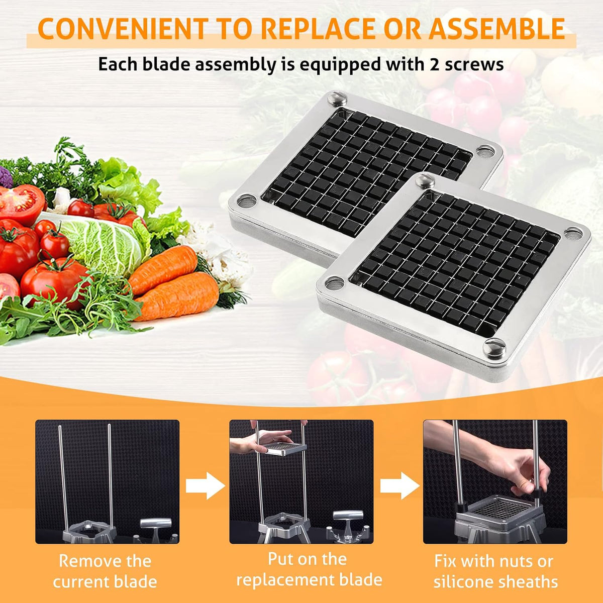 Replacement Chopper Blade 1/4" Commercial Vegetable Dicer Blades | Commercial Vegetable Chopper Blade, 420 Stainless Steel Dicer Blade With Pusher Block, For French Fries, Onions, Tomatoes