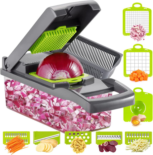 Vegetable Chopper Onion Cutter, 12 in 1 Professional Mandoline Slicer for Kitchen, Multifunctional Food Chopper for Potato, Tomato, Veggie with Strainer Basket, 8 Blades, Gray