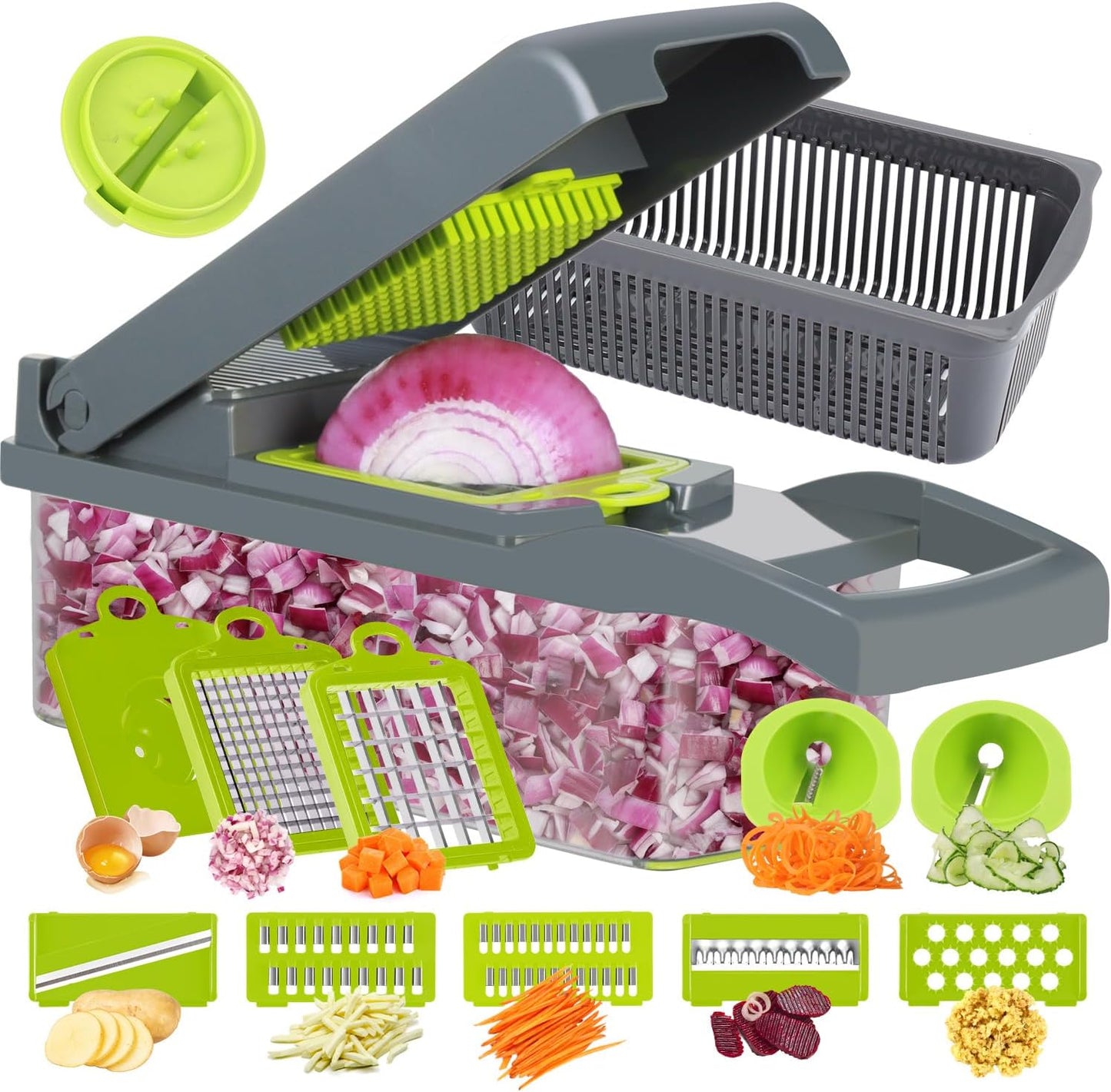 Vegetable Chopper Onion Cutter, 12 in 1 Professional Mandoline Slicer for Kitchen, Multifunctional Food Chopper for Potato, Tomato, Veggie with Strainer Basket, 8 Blades, Gray