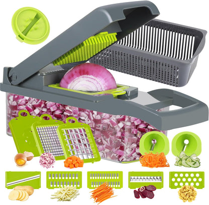 Vegetable Chopper Onion Cutter, 12 in 1 Professional Mandoline Slicer for Kitchen, Multifunctional Food Chopper for Potato, Tomato, Veggie with Strainer Basket, 8 Blades, Gray
