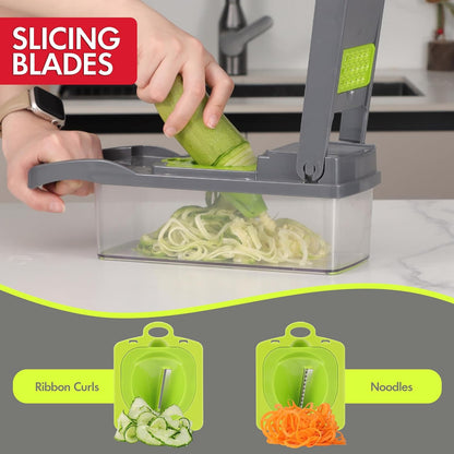 Vegetable Chopper Onion Cutter, 12 in 1 Professional Mandoline Slicer for Kitchen, Multifunctional Food Chopper for Potato, Tomato, Veggie with Strainer Basket, 8 Blades, Gray