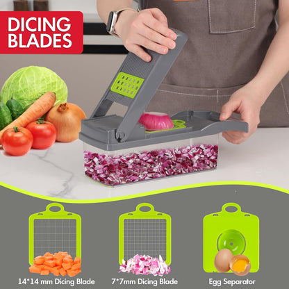 Vegetable Chopper Onion Cutter, 12 in 1 Professional Mandoline Slicer for Kitchen, Multifunctional Food Chopper for Potato, Tomato, Veggie with Strainer Basket, 8 Blades, Gray