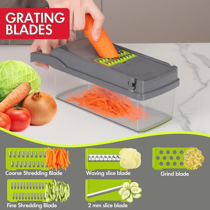 Vegetable Chopper Onion Cutter, 12 in 1 Professional Mandoline Slicer for Kitchen, Multifunctional Food Chopper for Potato, Tomato, Veggie with Strainer Basket, 8 Blades, Gray