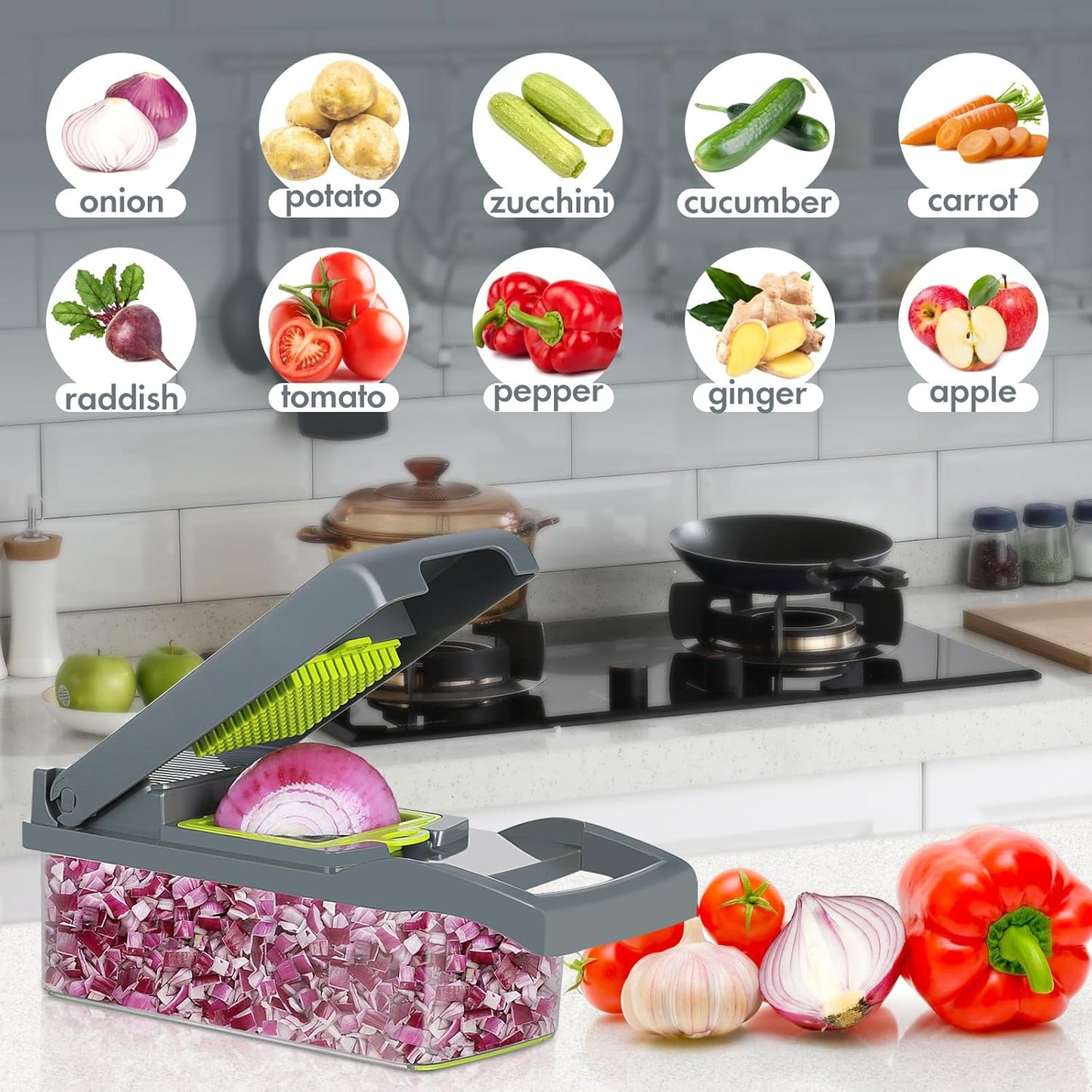 Vegetable Chopper Onion Cutter, 12 in 1 Professional Mandoline Slicer for Kitchen, Multifunctional Food Chopper for Potato, Tomato, Veggie with Strainer Basket, 8 Blades, Gray