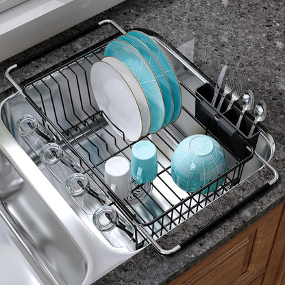 Black Dish Drying Rack in Sink, Dish Drainer with Utensil Holder