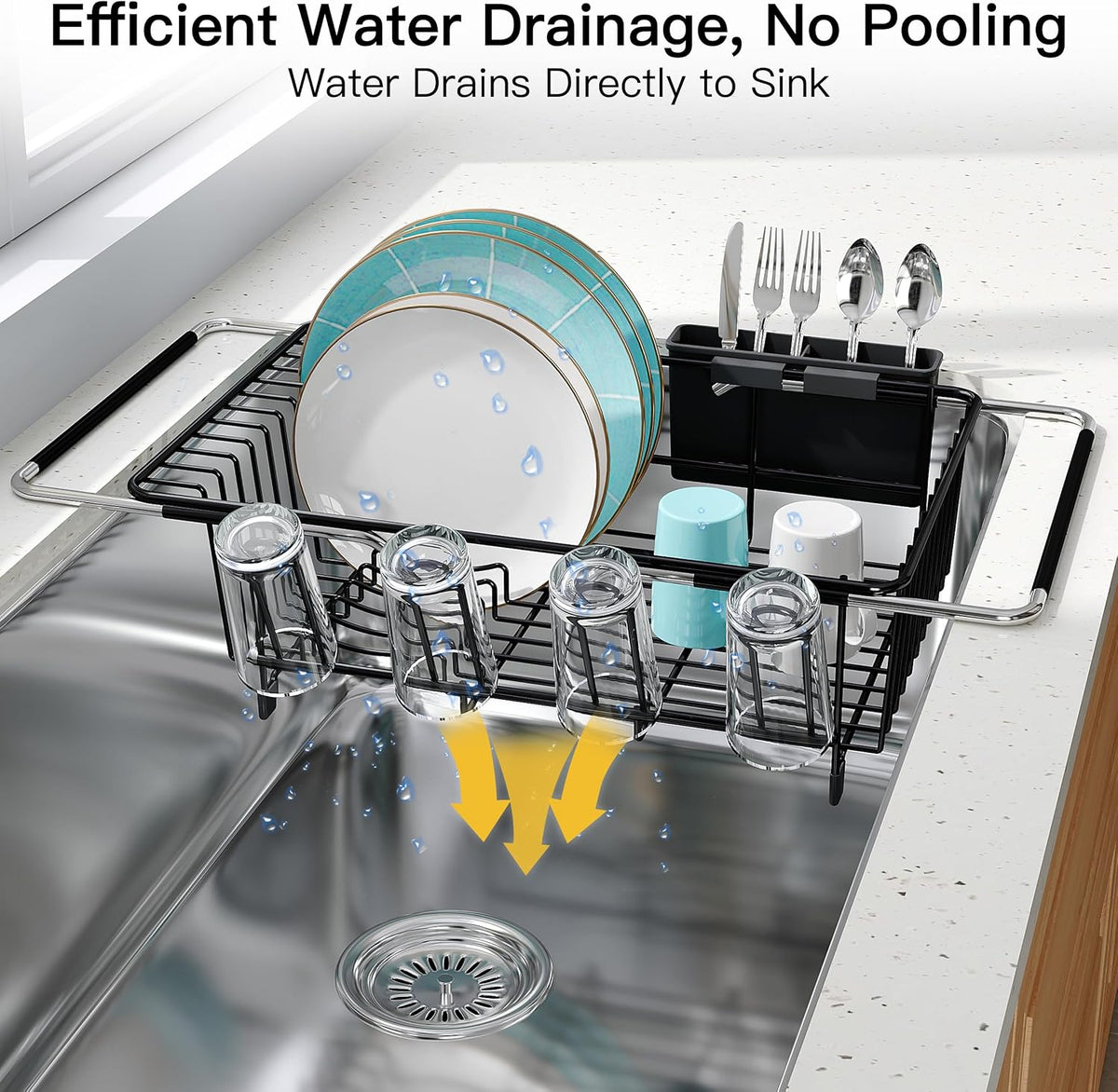Black Dish Drying Rack in Sink, Dish Drainer with Utensil Holder