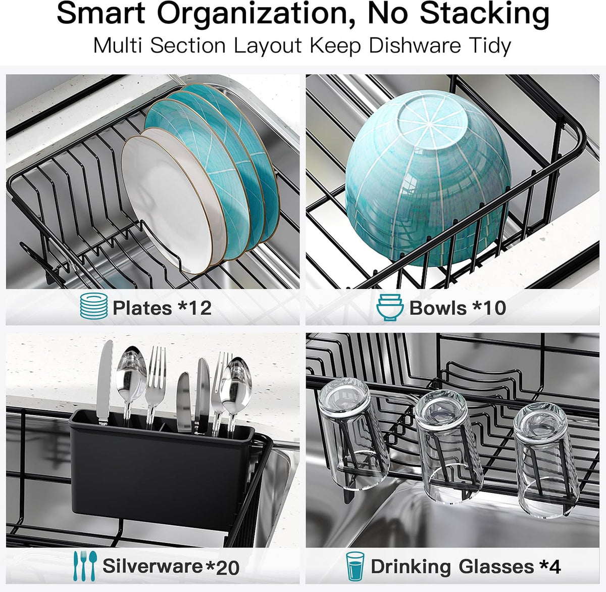 Black Dish Drying Rack in Sink, Dish Drainer with Utensil Holder
