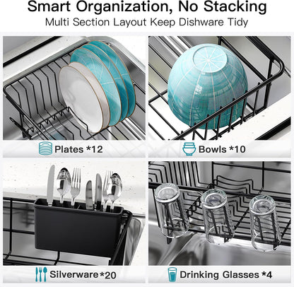 Black Dish Drying Rack in Sink, Dish Drainer with Utensil Holder