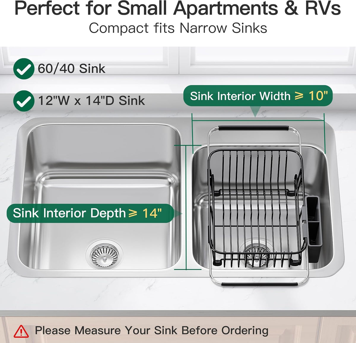 Black Dish Drying Rack in Sink, Dish Drainer with Utensil Holder