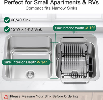 Black Dish Drying Rack in Sink, Dish Drainer with Utensil Holder