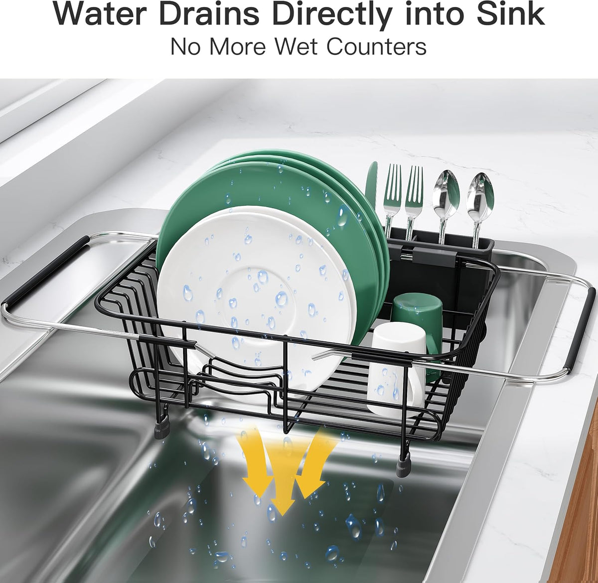 Black Dish Drying Rack in Sink, Dish Drainer with Utensil Holder