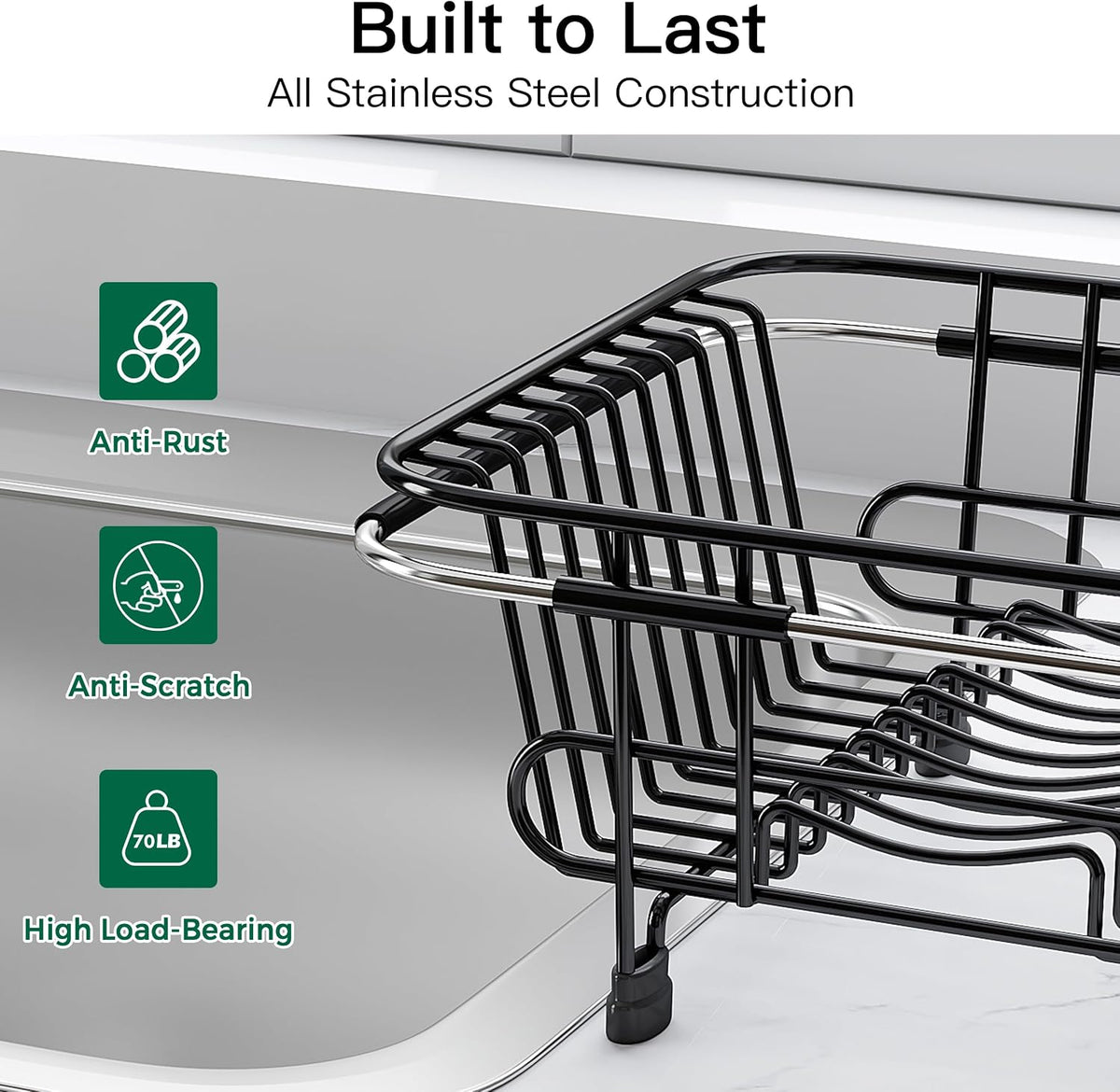 Black Dish Drying Rack in Sink, Dish Drainer with Utensil Holder