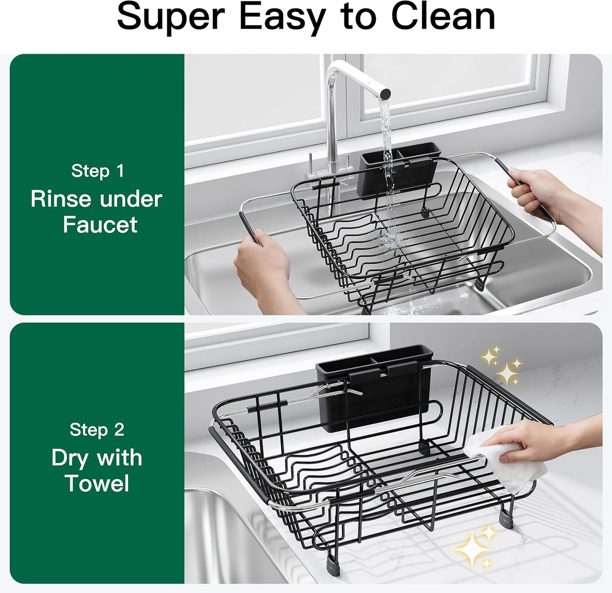 Black Dish Drying Rack in Sink, Dish Drainer with Utensil Holder