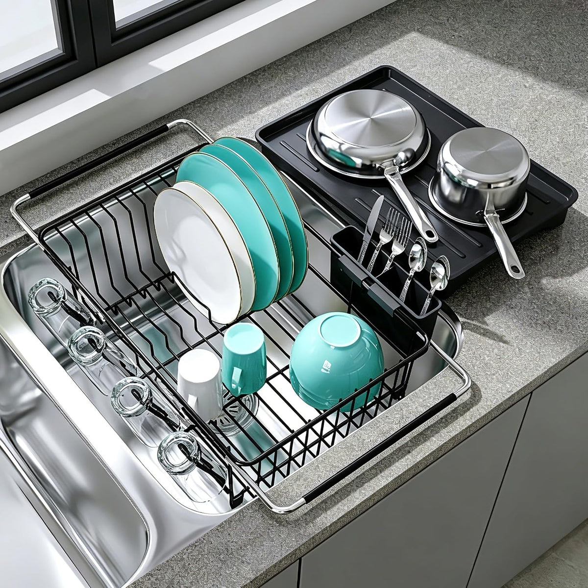Black Dish Drying Rack in Sink, Dish Drainer with Utensil Holder