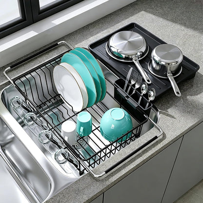 Black Dish Drying Rack in Sink, Dish Drainer with Utensil Holder