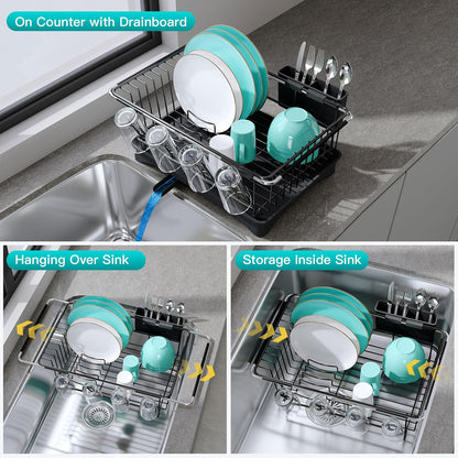 Black Dish Drying Rack in Sink, Dish Drainer with Utensil Holder