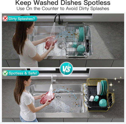 Black Dish Drying Rack in Sink, Dish Drainer with Utensil Holder