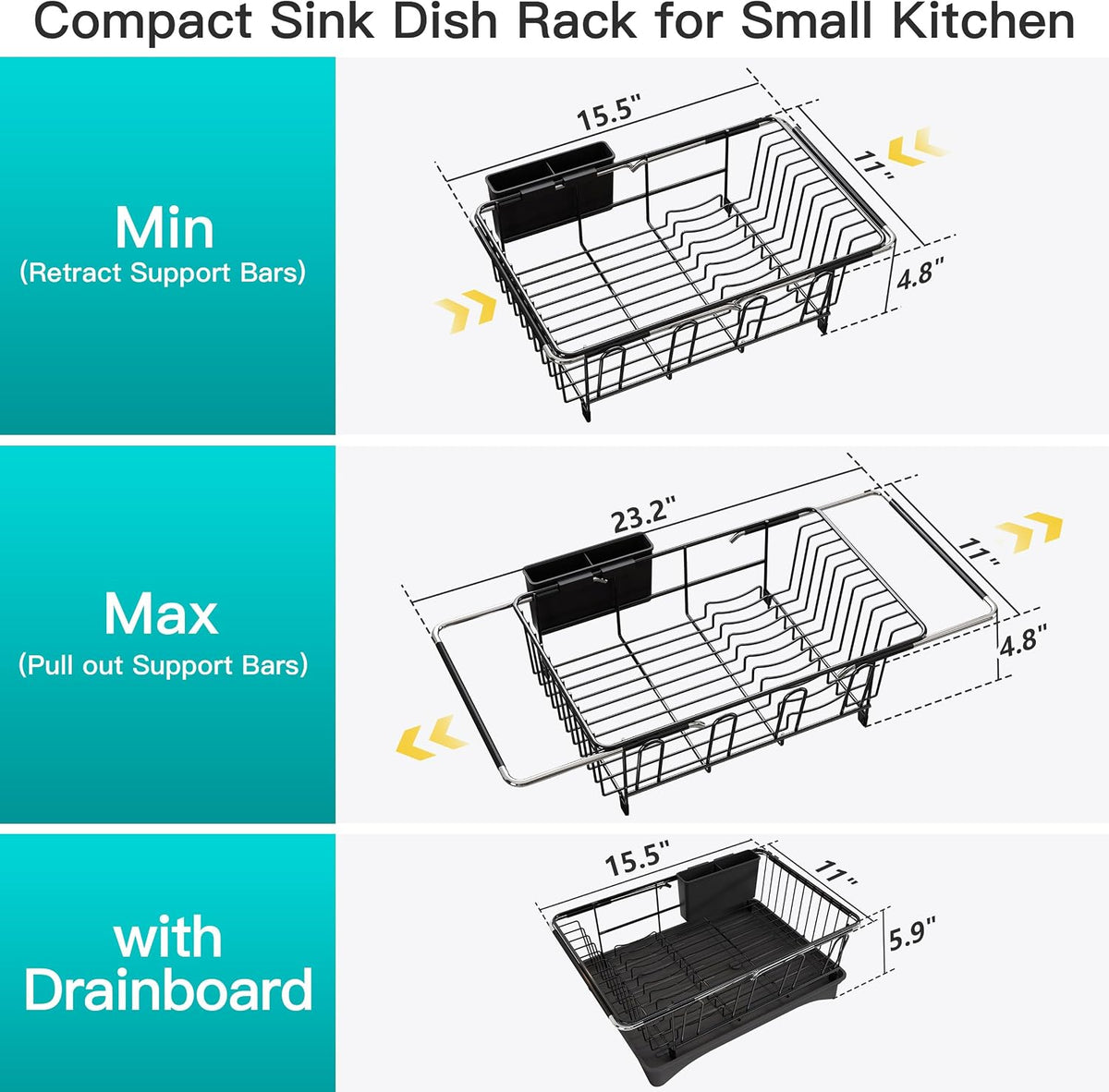 Black Dish Drying Rack in Sink, Dish Drainer with Utensil Holder