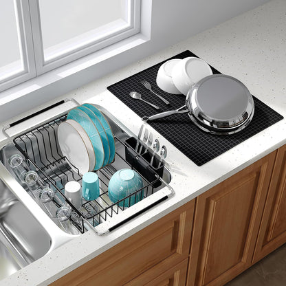 Black Dish Drying Rack in Sink, Dish Drainer with Utensil Holder