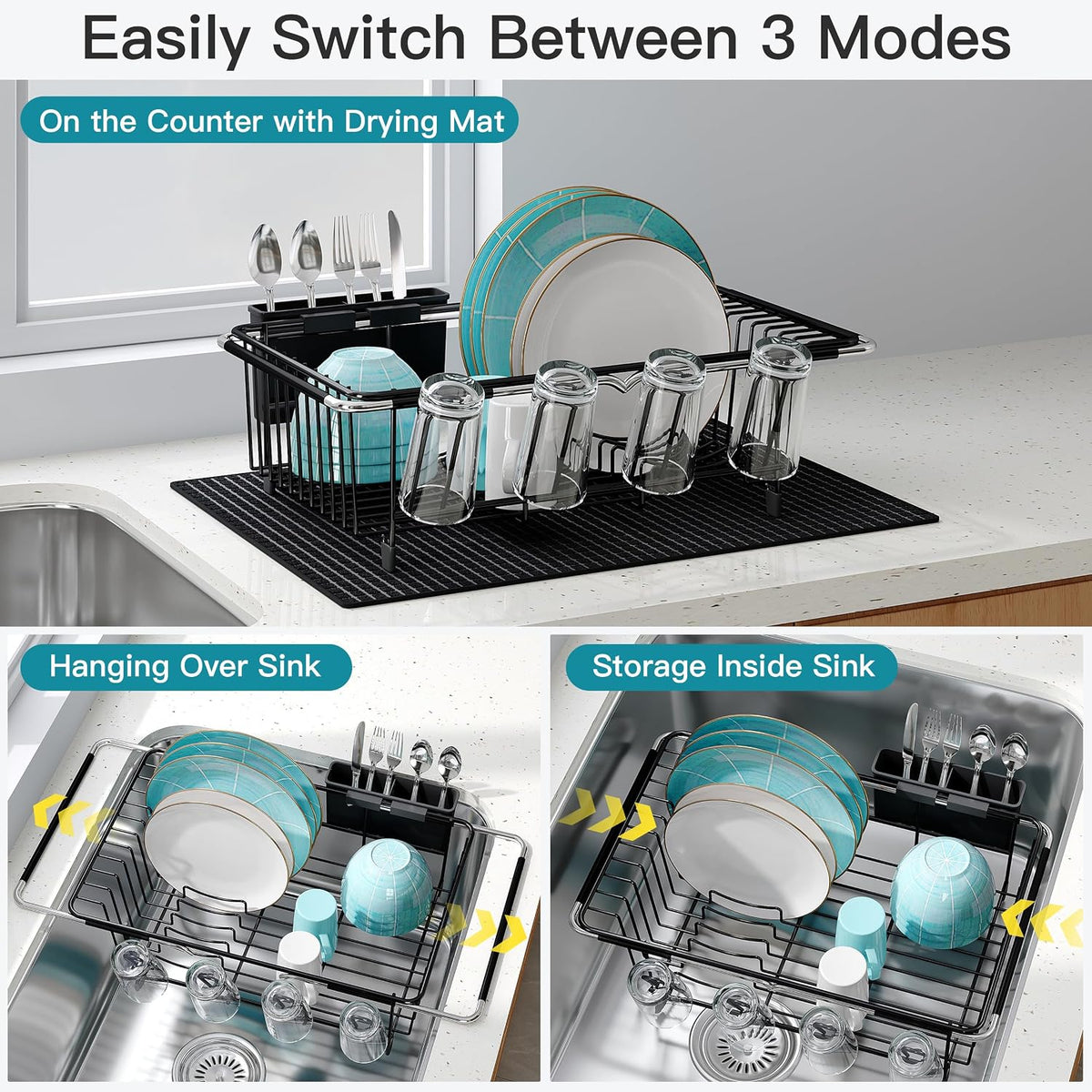 Black Dish Drying Rack in Sink, Dish Drainer with Utensil Holder