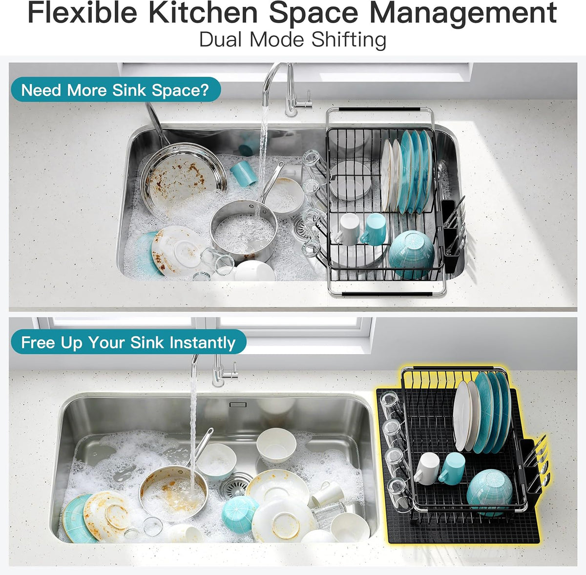 Black Dish Drying Rack in Sink, Dish Drainer with Utensil Holder