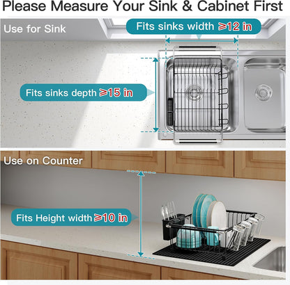 Black Dish Drying Rack in Sink, Dish Drainer with Utensil Holder