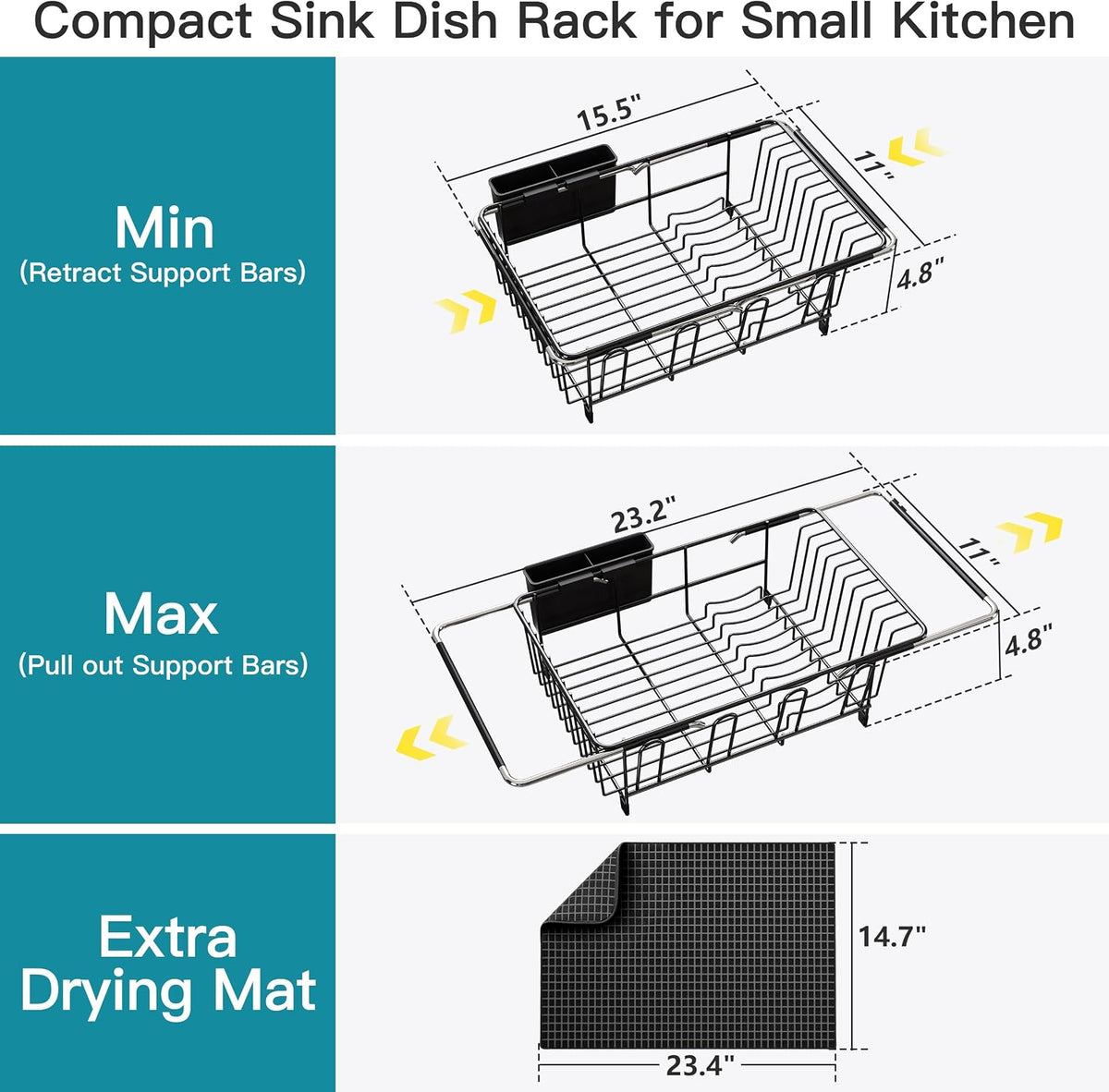 Black Dish Drying Rack in Sink, Dish Drainer with Utensil Holder