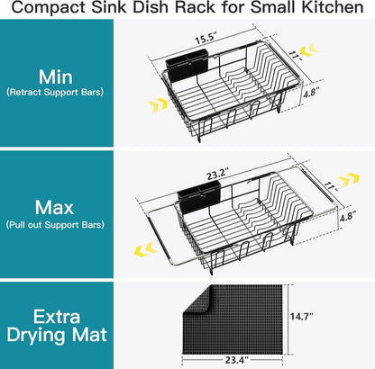 Black Dish Drying Rack in Sink, Dish Drainer with Utensil Holder