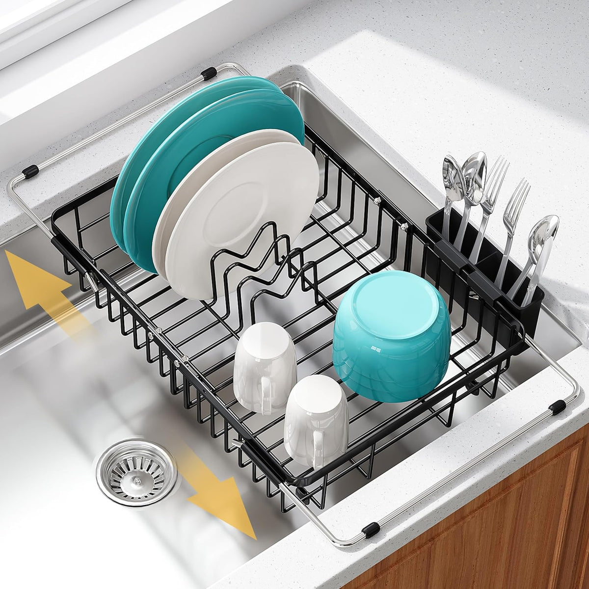 Black Dish Drying Rack in Sink, Dish Drainer with Utensil Holder