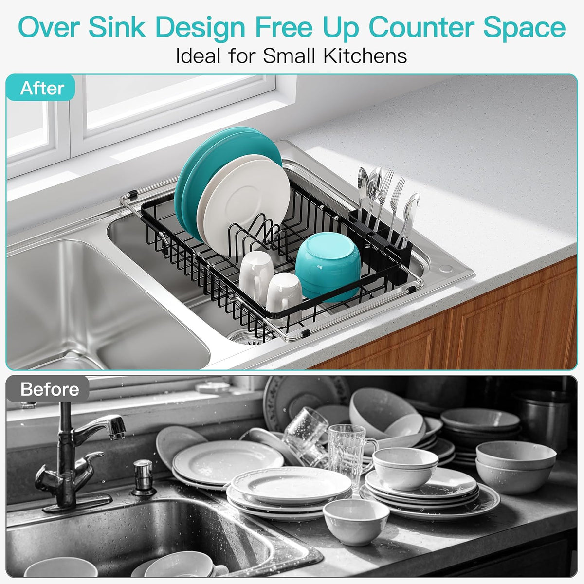 Black Dish Drying Rack in Sink, Dish Drainer with Utensil Holder