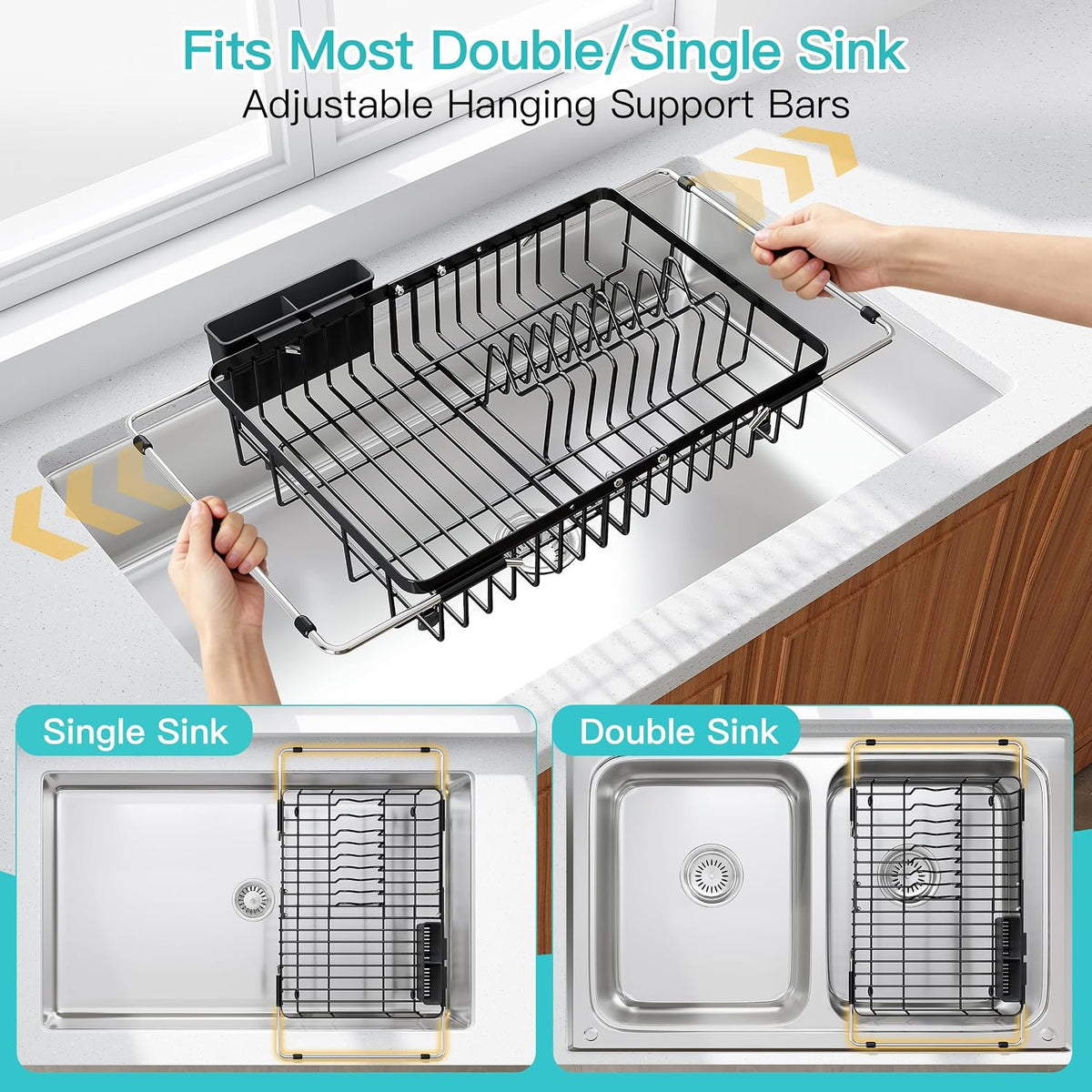 Black Dish Drying Rack in Sink, Dish Drainer with Utensil Holder