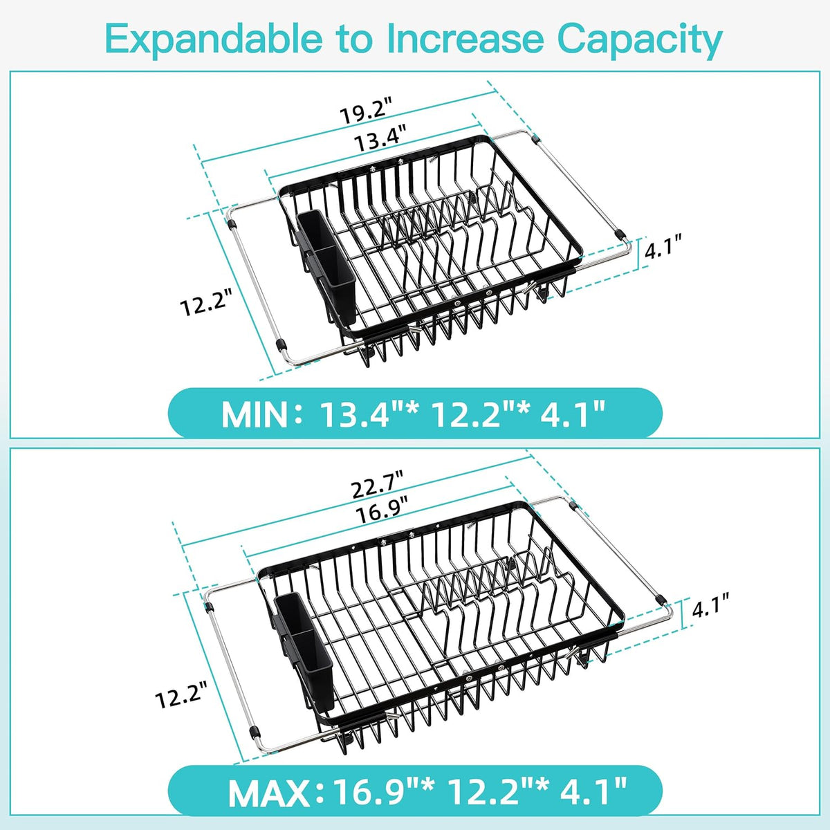 Black Dish Drying Rack in Sink, Dish Drainer with Utensil Holder