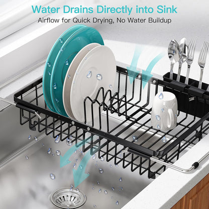 Black Dish Drying Rack in Sink, Dish Drainer with Utensil Holder