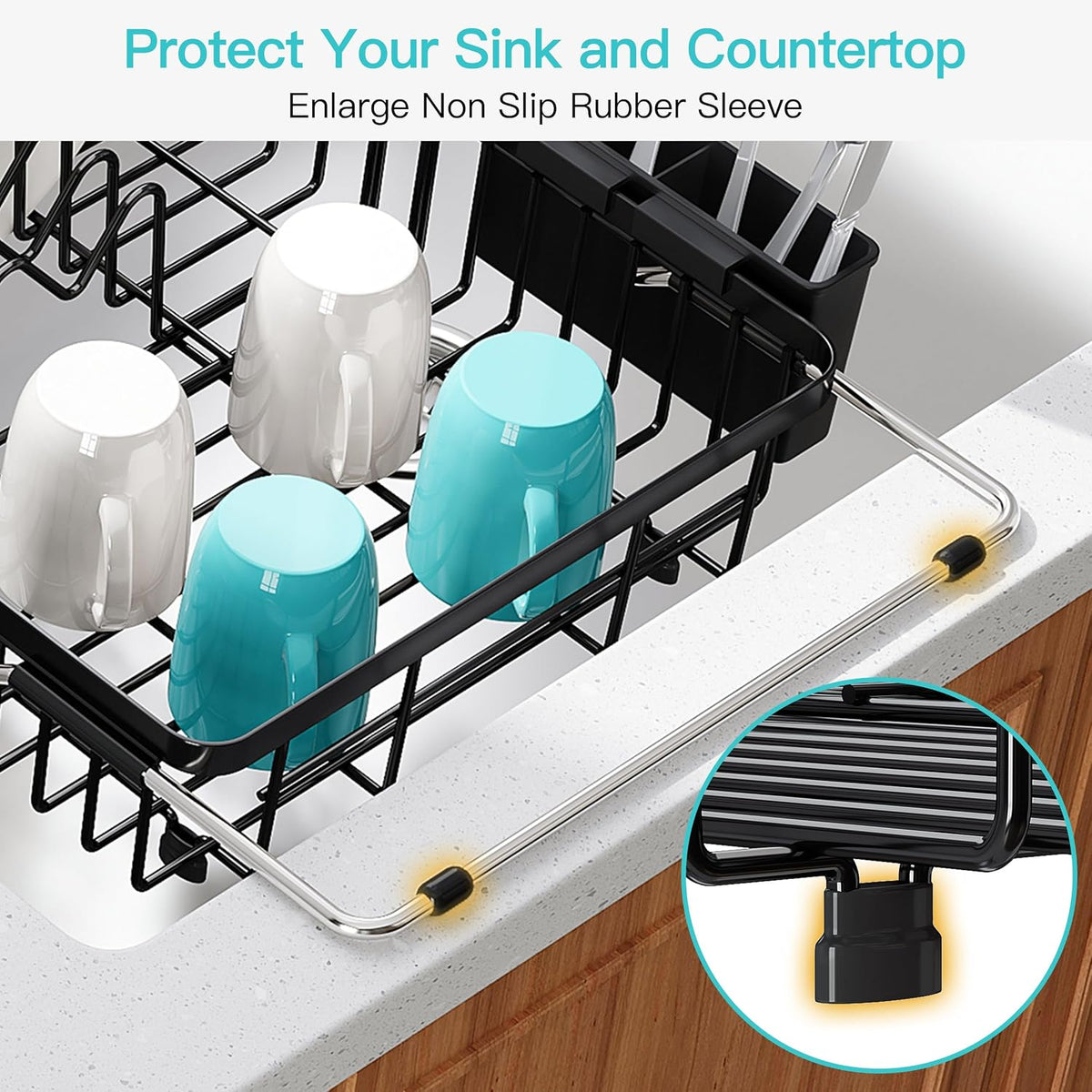 Black Dish Drying Rack in Sink, Dish Drainer with Utensil Holder