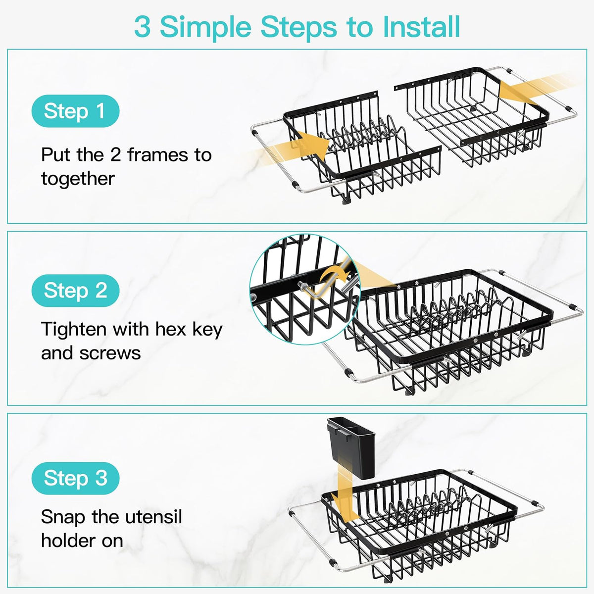 Black Dish Drying Rack in Sink, Dish Drainer with Utensil Holder