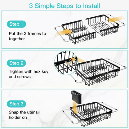 Black Dish Drying Rack in Sink, Dish Drainer with Utensil Holder