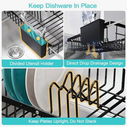 Black Dish Drying Rack in Sink, Dish Drainer with Utensil Holder