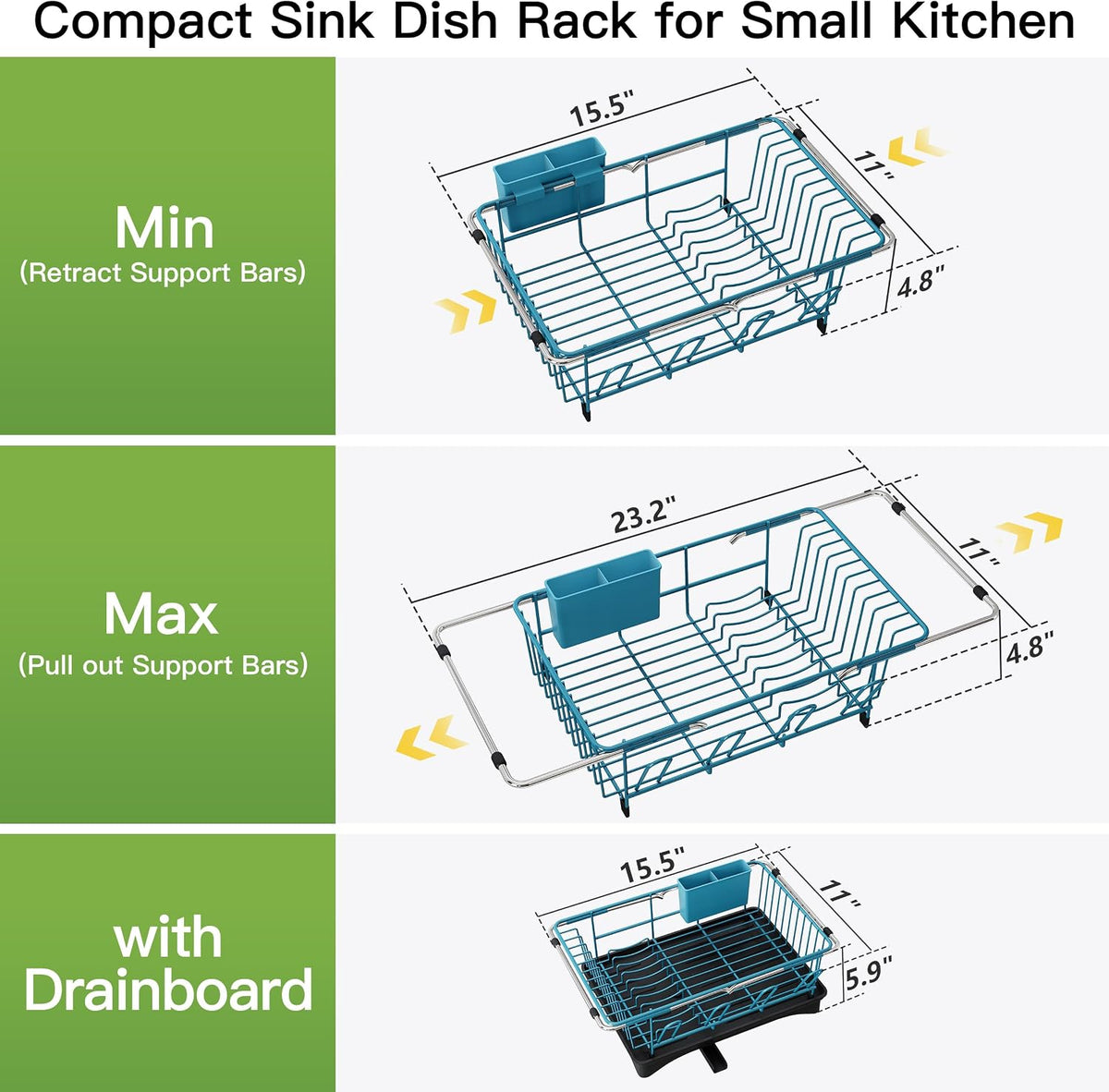 Black Dish Drying Rack in Sink, Dish Drainer with Utensil Holder